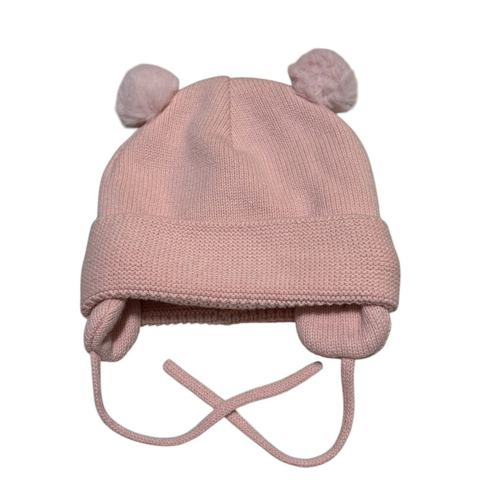 H&M Baby Girls Pink Knit Pom Pom Earflap Hat 9-12 Months